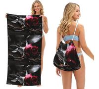 Poadnly Gothic Black Roses Printed, 2 in 1 Packable Towel Bag, Beach Towels with Drawstring Backpack for Travel Holiday Camping