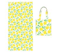 Poadnly Green Leaf Yellow Lemon Pattern, 2 in 1 Packable Towel Bag, Beach Towels with Tote Bag for Travel Holiday Camping