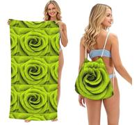 Poadnly Green Rose Printed, 2 in 1 Packable Towel Bag, Beach Towels with Drawstring Backpack for Travel Holiday Camping