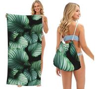 Poadnly Green Tropical Plant Leaves Printed, 2 in 1 Packable Towel Bag, Beach Towels with Drawstring Backpack for Travel Holiday Camping