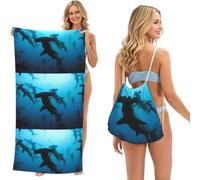 Poadnly Hammerhead Sharks Printed, 2 in 1 Packable Towel Bag, Beach Towels with Drawstring Backpack for Travel Holiday Camping