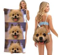 Poadnly Happy Short-Haired Pomeranian Printed, 2 in 1 Packable Towel Bag, Beach Towels with Drawstring Backpack for Travel Holiday Camping
