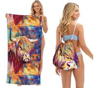 Poadnly Highland Cow Printed, 2 in 1 Packable Towel Bag, Beach Towels with Drawstring Backpack for Travel Holiday Camping