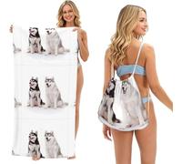 Poadnly Husky Dogs Printed, 2 in 1 Packable Towel Bag, Beach Towels with Drawstring Backpack for Travel Holiday Camping