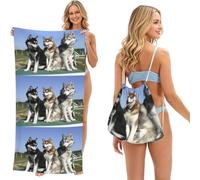 Poadnly Husky Huskie Dogs, 2 in 1 Packable Towel Bag, Beach Towels with Drawstring Backpack for Travel Holiday Camping
