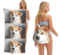 Poadnly Japanese Akita Dog Pattern, 2 in 1 Packable Towel Bag, Beach Towels with Drawstring Backpack for Travel Holiday Camping