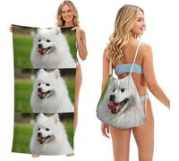 Poadnly Japanese Spitz Pet Dog, 2 in 1 Packable Towel Bag, Beach Towels with Drawstring Backpack for Travel Holiday Camping