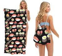 Poadnly Japanese Sushi Cuisine, 2 in 1 Packable Towel Bag, Beach Towels with Drawstring Backpack for Travel Holiday Camping