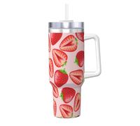 Poadnly Kawaii Pink Strawberry Print,40oz Ice Bully Cup with Handle Lid Straw Stainless Steel Mug Car Coffee Cup