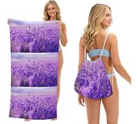 Poadnly Lavender Flower Purple Landscape Scenery, 2 in 1 Packable Towel Bag, Beach Towels with Drawstring Backpack for Travel Holiday Camping