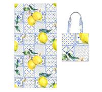 Poadnly Lemon Yellow And Blue Tiles, 2 in 1 Packable Towel Bag, Beach Towels with Tote Bag for Travel Holiday Camping