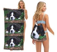 Poadnly Lovely Bernese Mountain Dog, 2 in 1 Packable Towel Bag, Beach Towels with Drawstring Backpack for Travel Holiday Camping