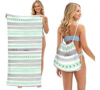 Poadnly Mint Green Gray Watercolour Stripes, 2 in 1 Packable Towel Bag, Beach Towels with Drawstring Backpack for Travel Holiday Camping