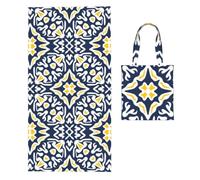 Poadnly Navy And Yellow Mediterranean Tile Pattern, 2 in 1 Packable Towel Bag, Beach Towels with Tote Bag for Travel Holiday Camping
