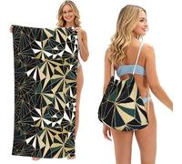 Poadnly New Art Deco Geometric Pattern Emerald Green And Gold, 2 in 1 Packable Towel Bag, Beach Towels with Drawstring Backpack for Travel Holiday Camping