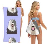 Poadnly Old English Sheepdog, 2 in 1 Packable Towel Bag, Beach Towels with Drawstring Backpack for Travel Holiday Camping