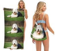 Poadnly Old English Sheepdog Dog, 2 in 1 Packable Towel Bag, Beach Towels with Drawstring Backpack for Travel Holiday Camping