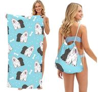 Poadnly Old English Sheepdog Pattern, 2 in 1 Packable Towel Bag, Beach Towels with Drawstring Backpack for Travel Holiday Camping