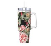 Poadnly Peony Flowers Rose Printing,40oz Ice Bully Cup with Handle Lid Straw Stainless Steel Mug Car Coffee Cup