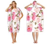 Poadnly Pink And White Rose, Adult Hooded Beach Towel 90 x 110 cm,Changing Bath Robe, Surf Poncho Towel For Women Men
