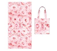 Poadnly Pink Fresh Roses Printed, 2 in 1 Packable Towel Bag, Beach Towels with Tote Bag for Travel Holiday Camping