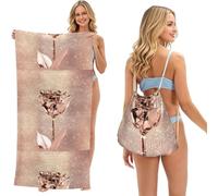 Poadnly Pink Rose Flower Gold Copper Sequin Sparkly, 2 in 1 Packable Towel Bag, Beach Towels with Drawstring Backpack for Travel Holiday Camping