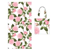 Poadnly Pink Rose On White, 2 in 1 Packable Towel Bag, Beach Towels with Tote Bag for Travel Holiday Camping