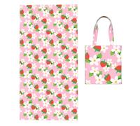 Poadnly Pink Strawberry With Green Leaves Flower, 2 in 1 Packable Towel Bag, Beach Towels with Tote Bag for Travel Holiday Camping