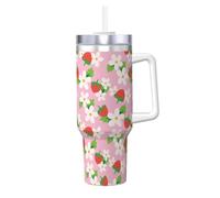 Poadnly Pink Strawberry with Green Leaves Flower,40oz Ice Bully Cup with Handle Lid Straw Stainless Steel Mug Car Coffee Cup