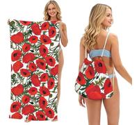Poadnly Poppy Flower Pattern Printed, 2 in 1 Packable Towel Bag, Beach Towels with Drawstring Backpack for Travel Holiday Camping