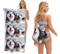 Poadnly Puppy Dog Printed, 2 in 1 Packable Towel Bag, Beach Towels with Drawstring Backpack for Travel Holiday Camping