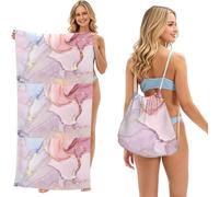 Poadnly Purple And Gold Marble Printed, 2 in 1 Packable Towel Bag, Beach Towels with Drawstring Backpack for Travel Holiday Camping