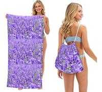 Poadnly Purple Lavender Printed, 2 in 1 Packable Towel Bag, Beach Towels with Drawstring Backpack for Travel Holiday Camping