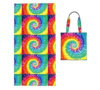 Poadnly Rainbow Color Tie Dye, 2 in 1 Packable Towel Bag, Beach Towels with Tote Bag for Travel Holiday Camping
