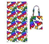 Poadnly Rainbow Colored Hearts Printed, 2 in 1 Packable Towel Bag, Beach Towels with Tote Bag for Travel Holiday Camping