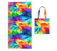 Poadnly Rainbow Geometric, 2 in 1 Packable Towel Bag, Beach Towels with Tote Bag for Travel Holiday Camping