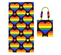 Poadnly Rainbow Hearts Gay Pride Flag, 2 in 1 Packable Towel Bag, Beach Towels with Tote Bag for Travel Holiday Camping