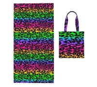Poadnly Rainbow Leopard Print, 2 in 1 Packable Towel Bag, Beach Towels with Tote Bag for Travel Holiday Camping