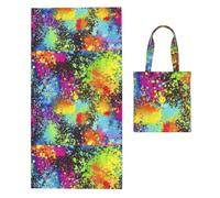 Poadnly Rainbow Of Neon Paint Splatters, 2 in 1 Packable Towel Bag, Beach Towels with Tote Bag for Travel Holiday Camping