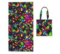 Poadnly Rainbow Of Neon Paint Splatters, 2 in 1 Packable Towel Bag, Beach Towels with Tote Bag for Travel Holiday Camping
