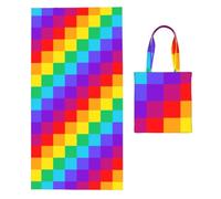 Poadnly Rainbow Plaid Pattern, 2 in 1 Packable Towel Bag, Beach Towels with Tote Bag for Travel Holiday Camping