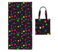 Poadnly Rainbow Splatter Neon On Dark, 2 in 1 Packable Towel Bag, Beach Towels with Tote Bag for Travel Holiday Camping