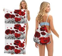 Poadnly Red Poppy Flower Prints, 2 in 1 Packable Towel Bag, Beach Towels with Drawstring Backpack for Travel Holiday Camping