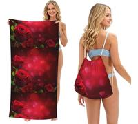 Poadnly Red Rose Printed, 2 in 1 Packable Towel Bag, Beach Towels with Drawstring Backpack for Travel Holiday Camping