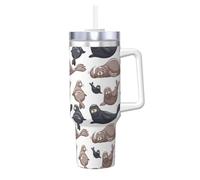 Poadnly Seals Illustration Sea Lion,40oz Ice Bully Cup with Handle Lid Straw Stainless Steel Mug Car Coffee Cup