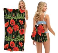 Poadnly Spring Red Flowers Printed, 2 in 1 Packable Towel Bag, Beach Towels with Drawstring Backpack for Travel Holiday Camping