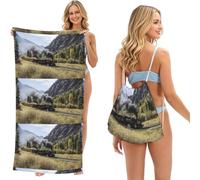 Poadnly Steam Locomotive Train Printed Cute, 2 in 1 Packable Towel Bag, Beach Towels with Drawstring Backpack for Travel Holiday Camping