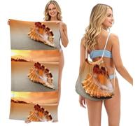 Poadnly Sunset Over The Sea The Shell Conch, 2 in 1 Packable Towel Bag, Beach Towels with Drawstring Backpack for Travel Holiday Camping