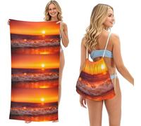 Poadnly Sunset With Sea Waves Printed, 2 in 1 Packable Towel Bag, Beach Towels with Drawstring Backpack for Travel Holiday Camping