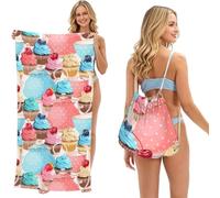 Poadnly Teacup Cupcake, 2 in 1 Packable Towel Bag, Beach Towels with Drawstring Backpack for Travel Holiday Camping